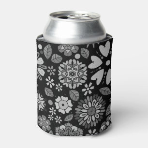 Black And Grey Retro Floral Art Seamless Pattern Can Cooler