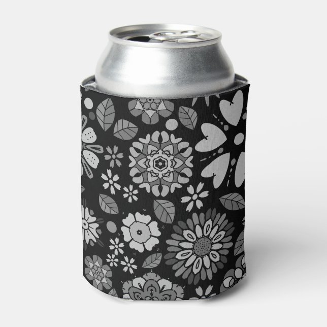 Black And Grey Retro Floral Art Seamless Pattern Can Cooler (Can Front)