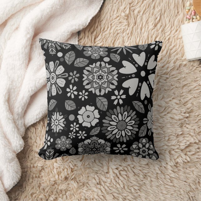 Black And Grey Retro Floral Art Seamless Pattern Cushion (Blanket)