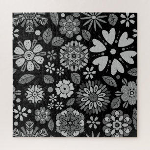 Black And Grey Retro Floral Art Seamless Pattern Jigsaw Puzzle