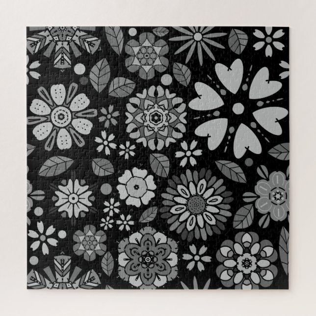 Black And Grey Retro Floral Art Seamless Pattern Jigsaw Puzzle (Vertical)