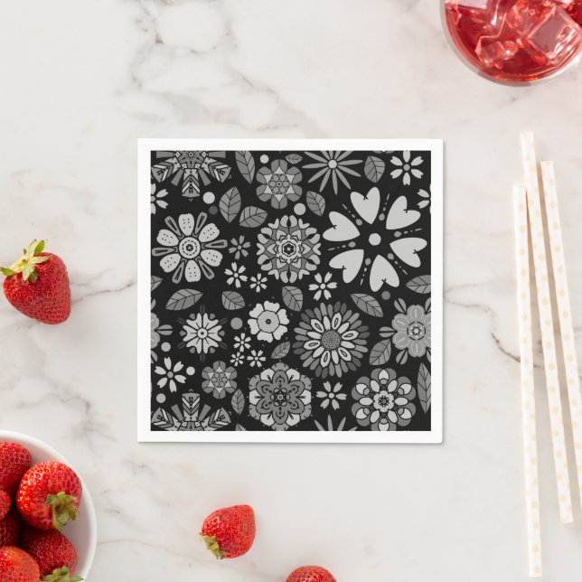 Black And Grey Retro Floral Art Seamless Pattern Napkin (Insitu)