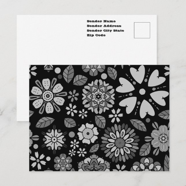 Black And Grey Retro Floral Art Seamless Pattern Postcard (Front/Back)