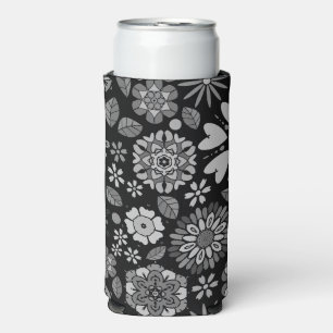 Black And Grey Retro Floral Art Seamless Pattern Seltzer Can Cooler
