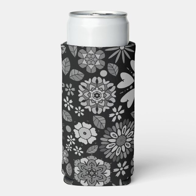 Black And Grey Retro Floral Art Seamless Pattern Seltzer Can Cooler (Seltzer Front)