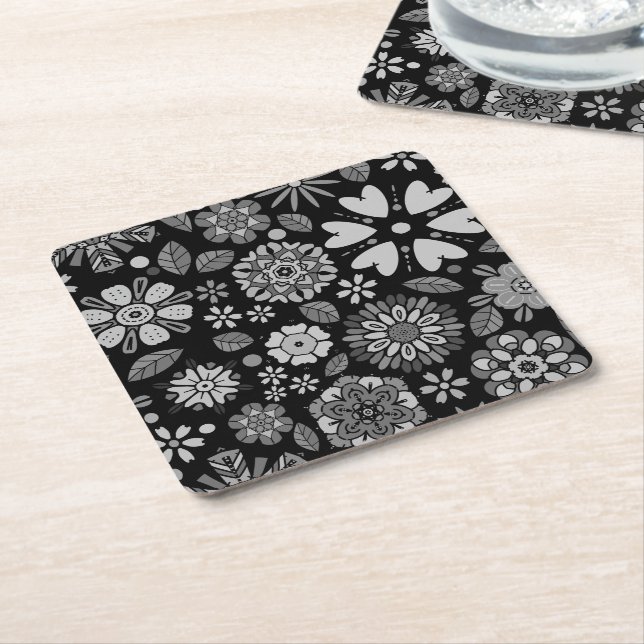 Black And Grey Retro Floral Art Seamless Pattern Square Paper Coaster (Angled)
