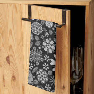 Black And Grey Retro Floral Art Seamless Pattern Tea Towel
