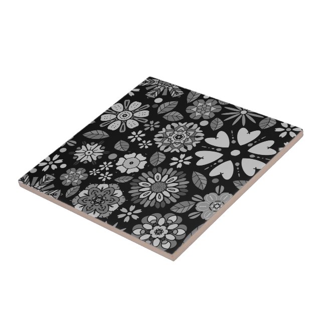 Black And Grey Retro Floral Art Seamless Pattern Tile (Side)