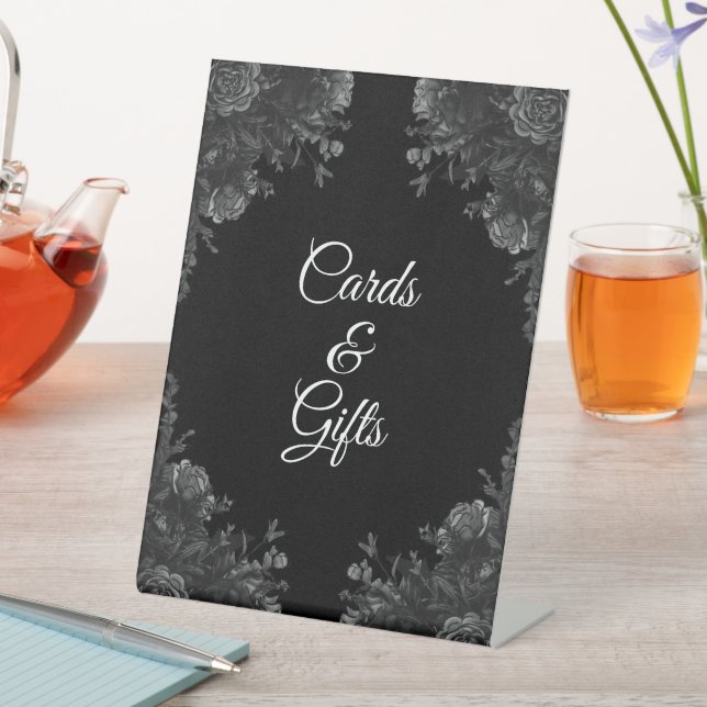 Black and Grey Rose Gothic Wedding Cards Gift Sign (In SItu)