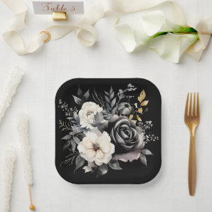 Black and Grey Roses and Gold Leaves Paper Plate