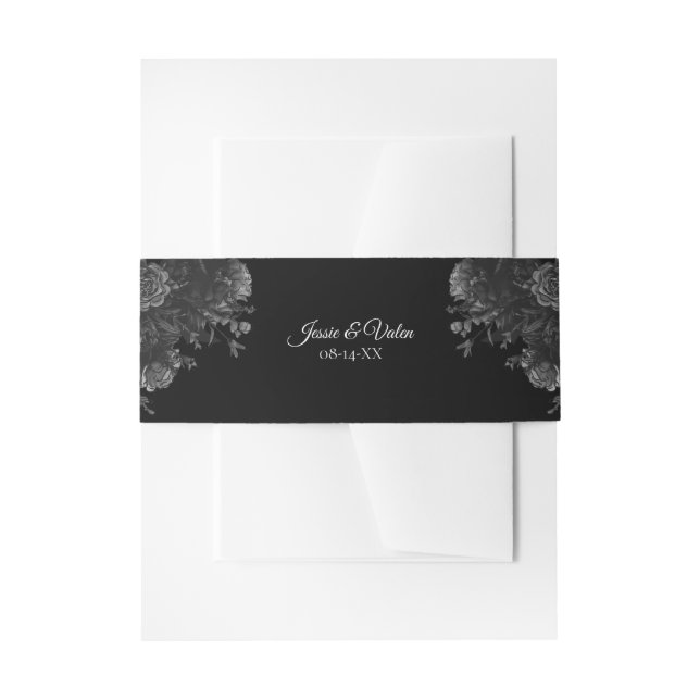 Black and Grey Roses Gothic Wedding Invitation Belly Band (Front Example)
