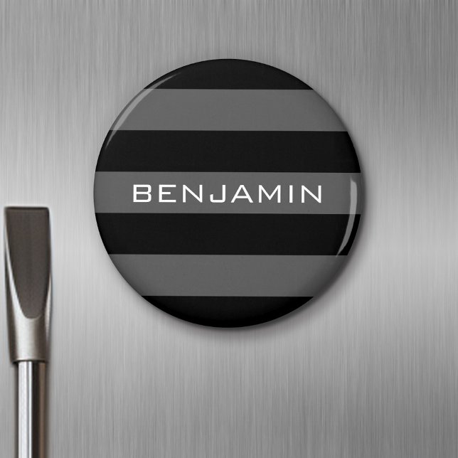 Black and Grey Rugby Stripes with Custom Name Magnet (Personalized Fridge Magnet - Party Favor - Add Custom Text)