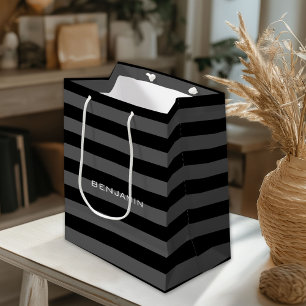 Black and Grey Rugby Stripes with Custom Name Small Gift Bag