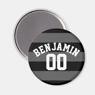 Black and Grey Silver Rugby Stripes Name Number Magnet