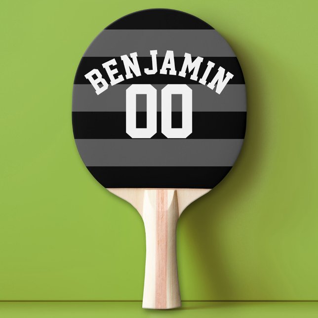Black and Grey Silver Rugby Stripes Name Number Ping Pong Paddle (Custom Ping Pong Paddle with a Sports Theme)