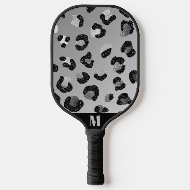 Black and Grey Sparkly Leopard Animal Skin Pattern Pickleball Paddle (Front)