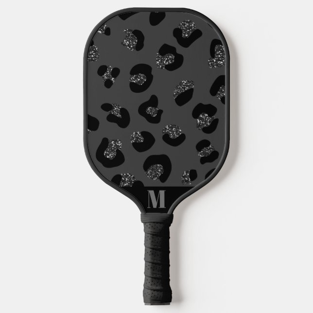 Black and Grey Sparkly Leopard Animal Skin Pattern Pickleball Paddle (Front)