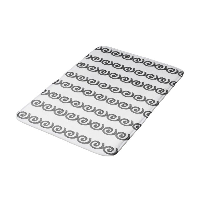 Black and grey spirals pattern on white bath mat (Angled)