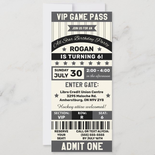 Black and Grey Sports Themed Ticket Birthday Party Invitation (Front)