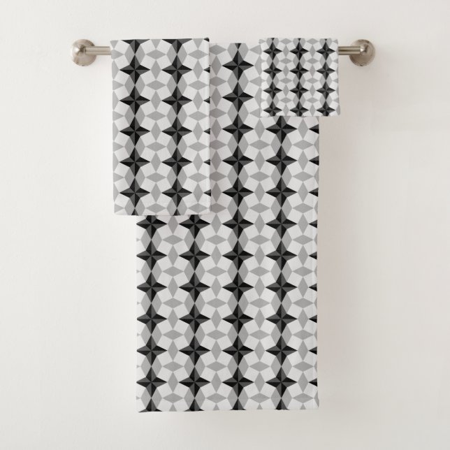 Black and Grey Starbust and Rhombus Pattern Bath Towel Set (Insitu)