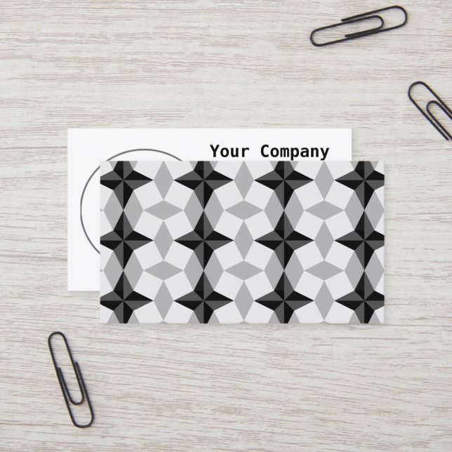 Black and Grey Starbust and Rhombus Pattern Business Card (Front/Back In Situ)
