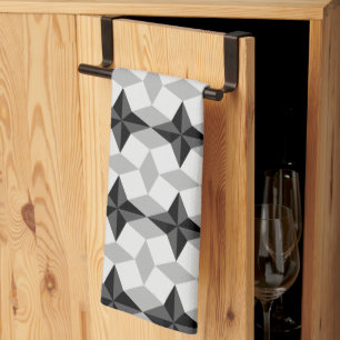 Black and Grey Starbust and Rhombus Pattern Tea Towel