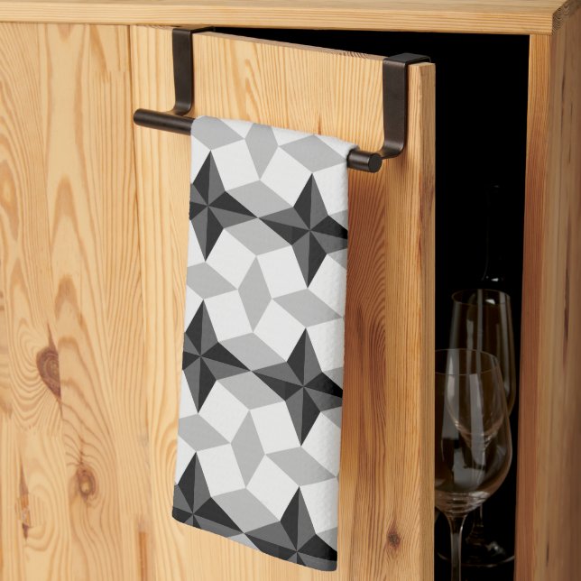 Black and Grey Starbust and Rhombus Pattern Tea Towel (Thirds Fold)