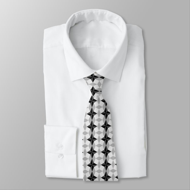 Black and Grey Starbust and Rhombus Pattern Tie (Tied)