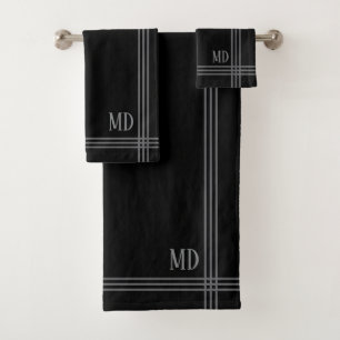 Black and Grey Striped Custom Initials Simple Bath Towel Set