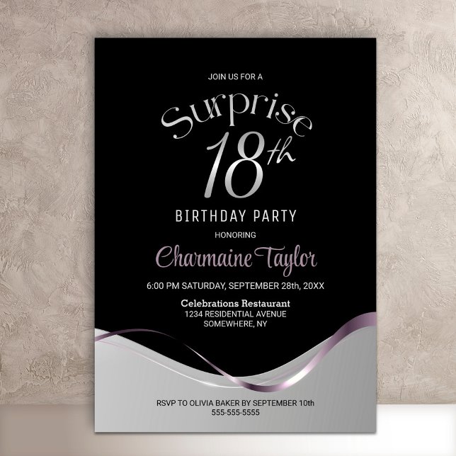 Black and Grey Surprise 18th Birthday Party Invitation (Creator Uploaded)