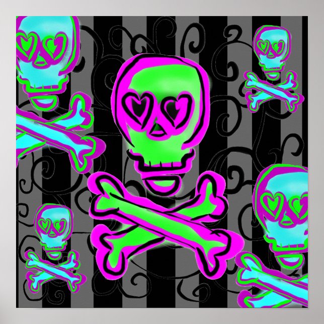 Black and Grey Swirls with Neon Skulls Poster (Front)