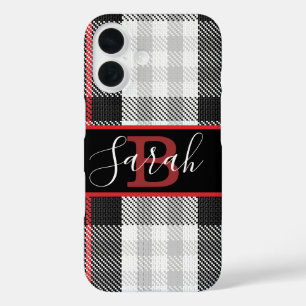 Black and Grey Tartan Chequered Red font iPhone 16 Case