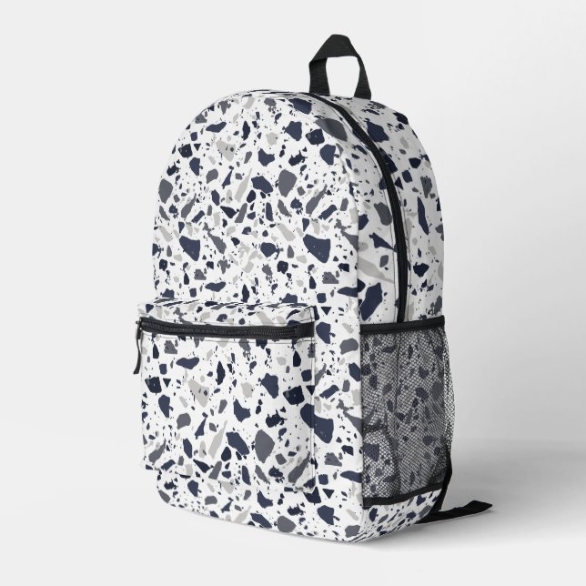 Black and Grey Terrazzo Abstract Printed Backpack (Back Corner Right)