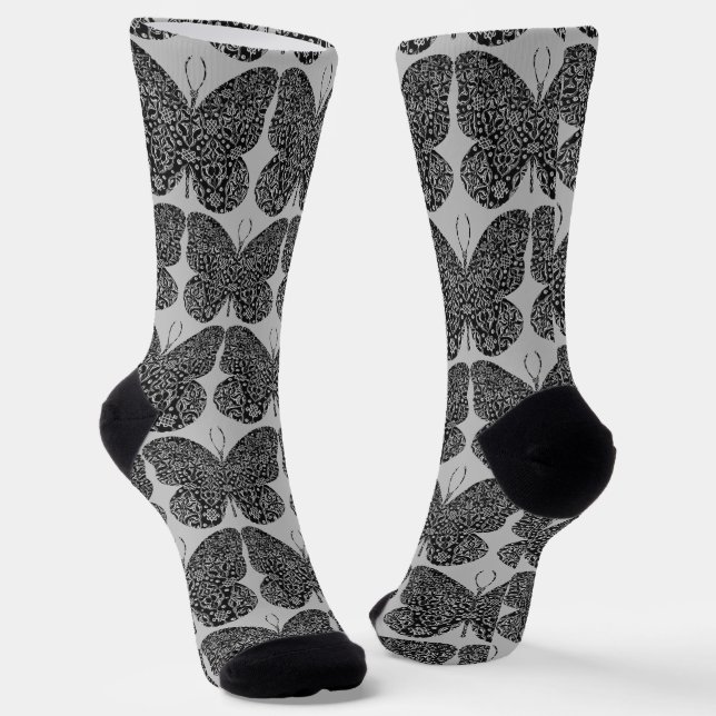 Black and Grey Vintage Style Butterfly Socks (Angled)