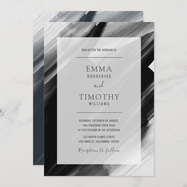 Black and grey watercolor brushstrokes invitation (Front/Back)