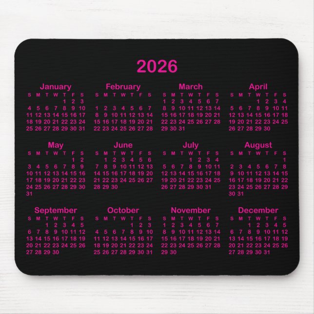 Black and Hot Pink 2026 Calendar Mouse Pad (Front)