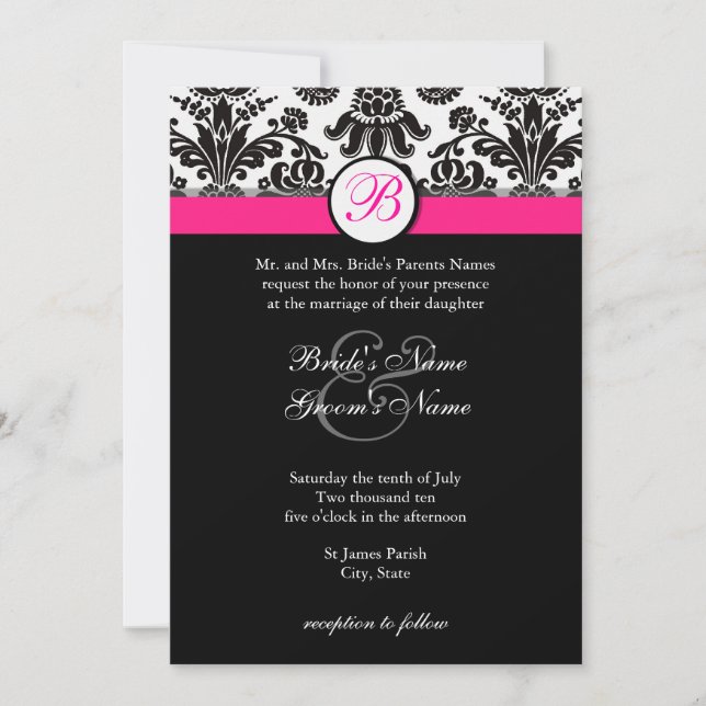 Black and Hot Pink Damask Wedding Invitation (Front)