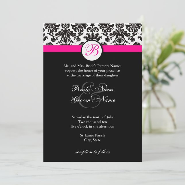Black and Hot Pink Damask Wedding Invitation (Standing Front)