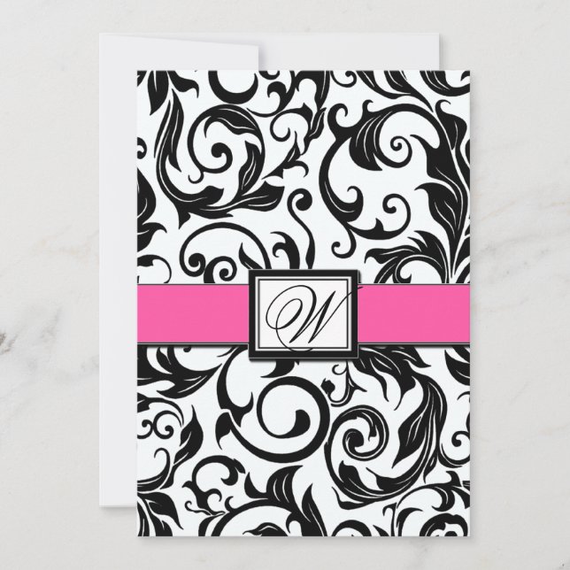 Black and Hot Pink Damask Wedding Invitations (Front)