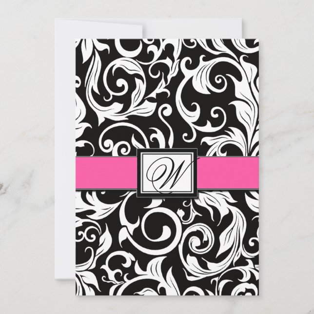 Black and Hot Pink Damask Wedding Invitations (Front)