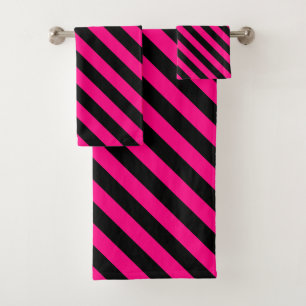 Black And Hot Pink Diagonal Stripe Bath Towel Set