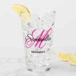 Black and Hot Pink Fancy Monogram Bridesmaid Glass<br><div class="desc">A girly personalised monogram with a fancy calligraphy script pairing in hot pink and black. Create your own pretty glass tumbler thank you gift for a bridesmaid. Customise the font colours to match your wedding palette. The fancy flourish that is part of the monogram may need to be re-centred for...</div>