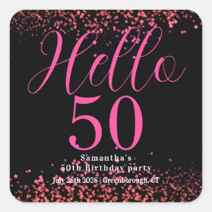 Black and Hot Pink Faux Glitter 50th Birthday Square Sticker