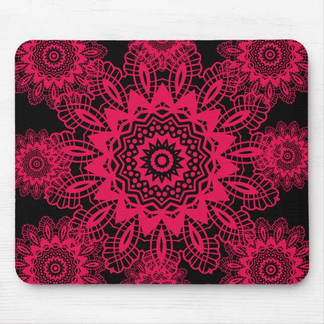 Black and Hot Pink Fuchsia Lace Snowflake Design Mouse Pad (Front)