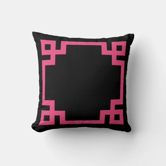 Black and Hot Pink Greek Key Border Cushion (Front)