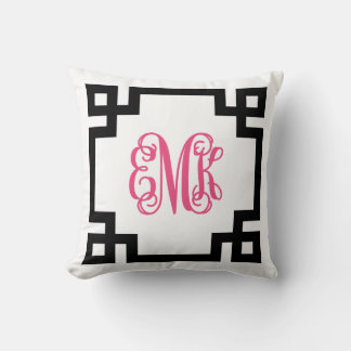 Black and Hot Pink Greek Key Script Monogram Cushion