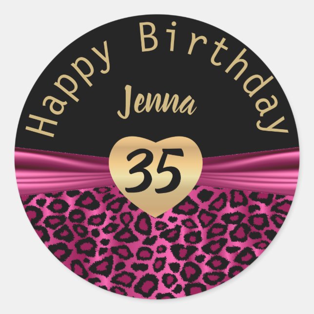 Black and Hot Pink Leopard Birthday Classic Round Sticker (Front)