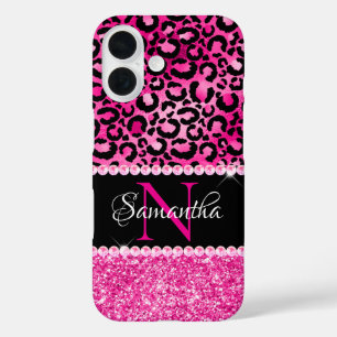 Black and Hot Pink Leopard Spot Glam Monogram iPhone 16 Case
