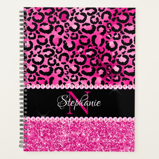 Black and Hot Pink Leopard Spot Glam Monogram Planner (Front)