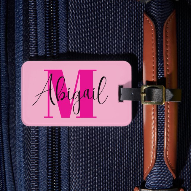 Black and Hot Pink Modern Monogram Luggage Tag (Front Insitu 4)